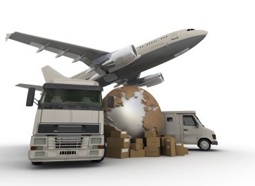 3D rendering of  a world map, packages a van, a truck and an airplane