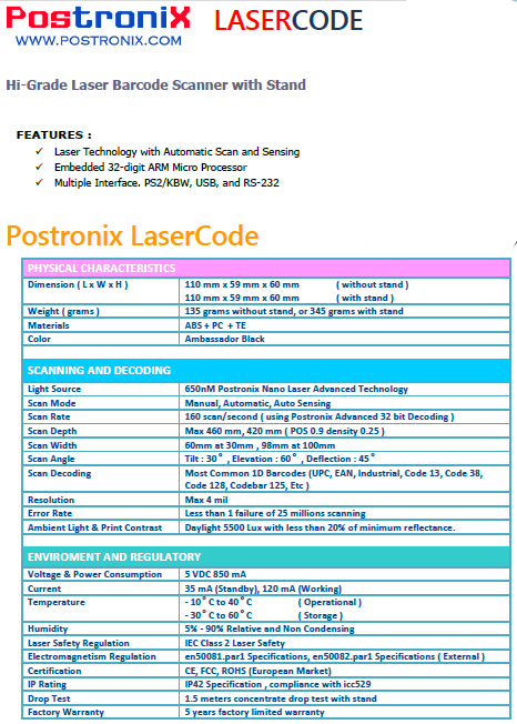 spesifikasi barcode postronix laserscan